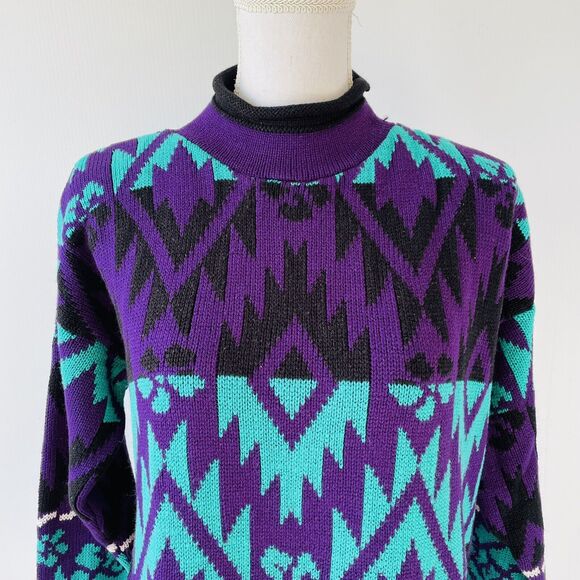 J C & Louis Sweater Vintage Neon Mock Neck Roses Aztec Purple Alternative Large - Picture 3 of 9